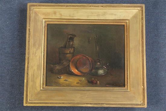 P. Jouet Still life of vessels on table top, 9 x 11in.